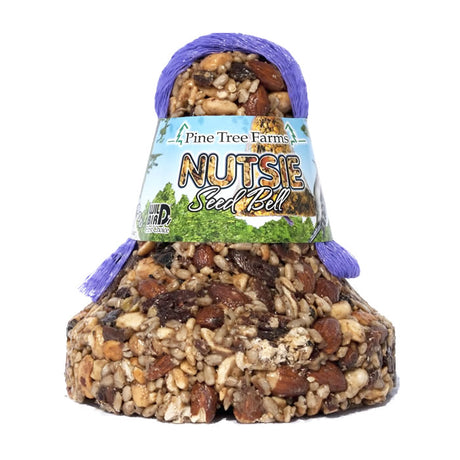 Close-up of Nutsie Bird Seed Bell, Set of 3, in a plastic container, showcasing premium nuts and seeds for attracting birds.