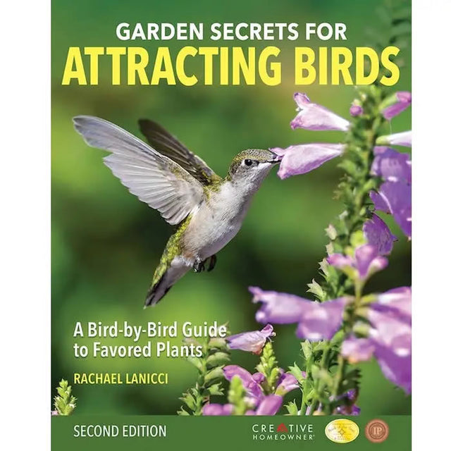 Book cover for 'Garden Secrets for Attracting Birds' featuring a hummingbird near purple flowers.