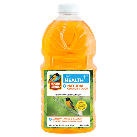 Bird Health Plus Orange Nectar RTU 64 oz. bottle, ready-to-pour liquid nectar for attracting and nourishing orioles with essential calcium and vitamins.