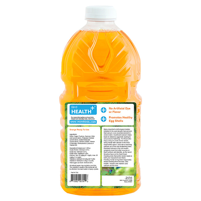 Bird Health Plus Orange Nectar RTU 64 oz. bottle, ready-to-pour orange liquid nectar for orioles, enriched with calcium and vitamins for healthy development.