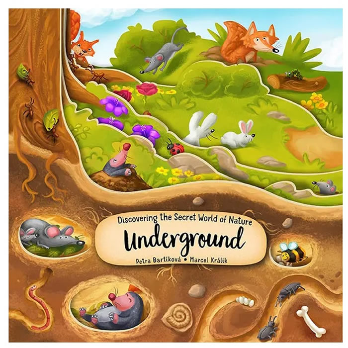 Discovering the Secret World of Nature Underground Board Book features cartoon animals like moles and mice in a forest, illustrating their underground habitats.