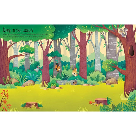 First Sticker Book Nature: Illustrated woodland scene with animals, inviting kids to explore nature through engaging activities and discover forest wonders.
