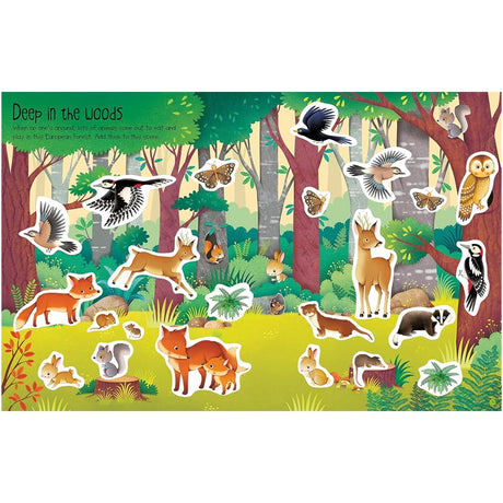 First Sticker Book Nature: Illustrated woodland scene with foxes, deer, and more. Text reads Deep in the Woods, showcasing forest creatures for interactive learning.