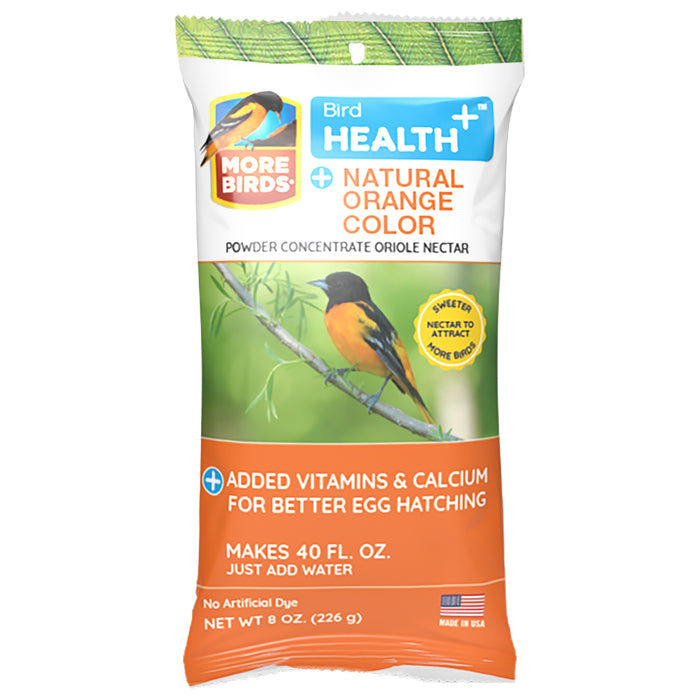 Bird Health Plus Orange Nectar Powder 8 oz., Set of 2, displayed in orange and white bags with a bird image and text highlighting nutritional benefits.