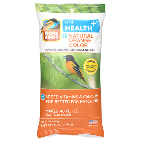 Bird Health Plus Orange Nectar Powder 8 oz., Set of 2, displayed in orange and white bags with a bird image and text highlighting nutritional benefits.