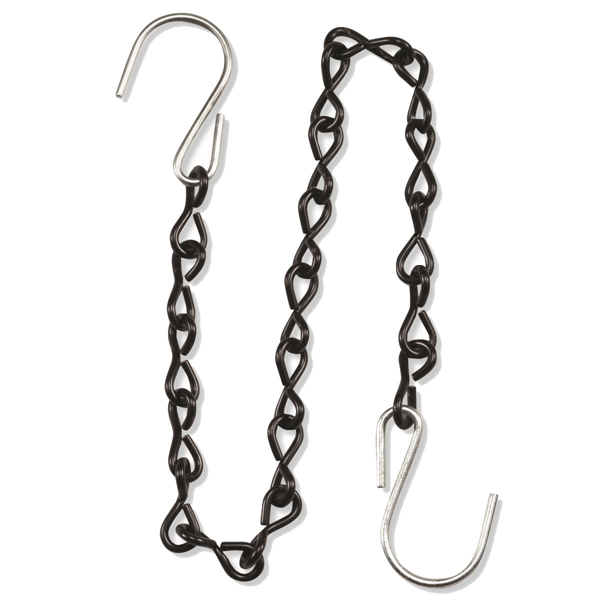 Hanging Chain with S-Hooks, featuring a close-up of metal links and hooks, ideal for hanging feeders or chimes, holds up to 15 lbs.