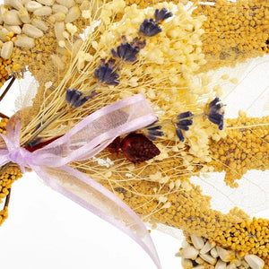 Gingerbread Men, Set of 3 (Copy): Close-up of dried-flower wreath with yellow seed heads, white blooms, purple sprigs, and lilac ribbon, ideal for attracting birds.