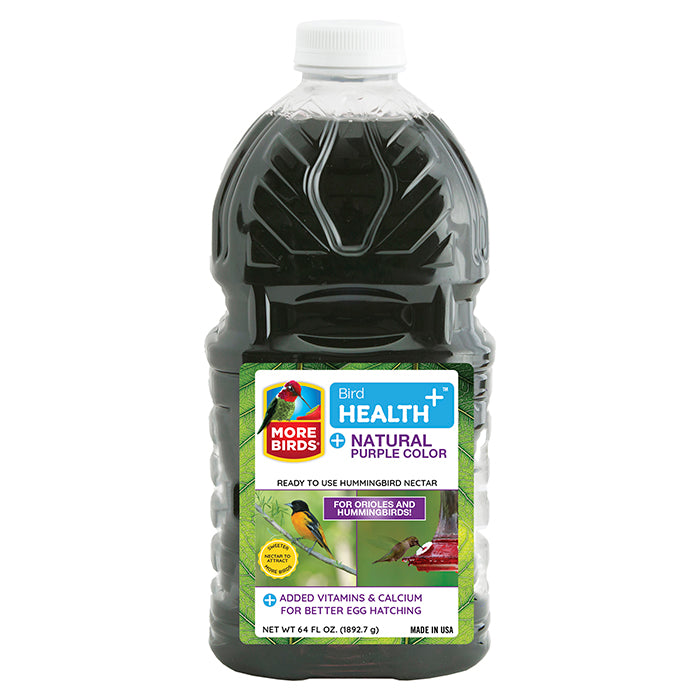 Bird Health Plus Purple Nectar RTU 64 oz. bottle with label, containing ready-to-use grape nectar for hummingbirds and orioles, rich in calcium and vitamins.