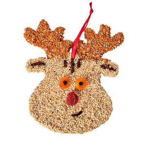 Holiday Bird Seed Cookie, Rudolph: A reindeer-shaped bird-feeder ornament of pressed seeds with dried fruit features and a red ribbon for hanging outdoors.