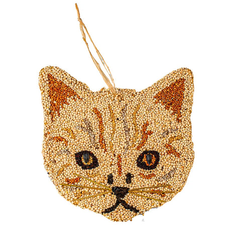 Cat Cookies, 3 to Choose From: A flat, cat-head–shaped seed ornament with a raffia hanger, ideal for outdoor bird feeding.