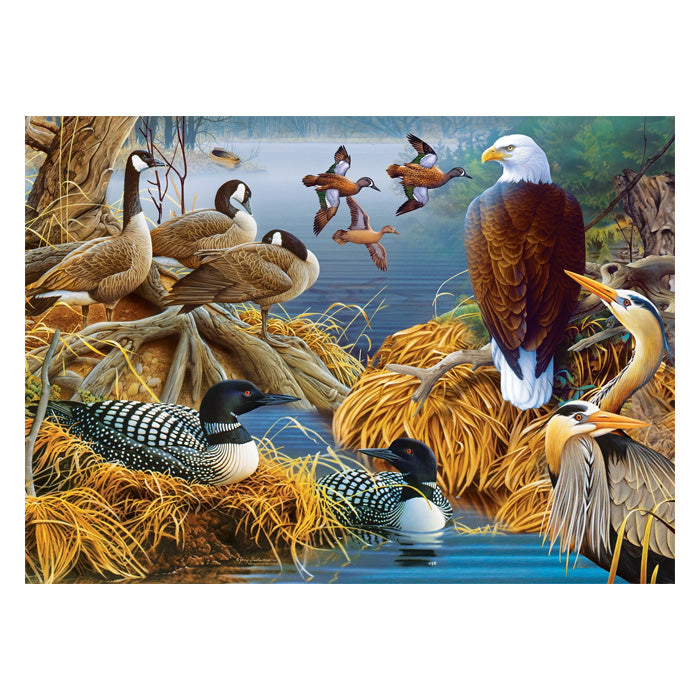 Audubon Lake Life 1000 pc. Puzzle featuring close-up images of various waterfowl, including ducks and birds, in a natural setting.