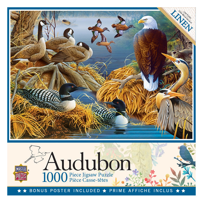 Audubon Lake Life 1000 pc. Puzzle showcasing various birds, including ducks and geese, on grass. Eco-friendly, printed on recycled material.