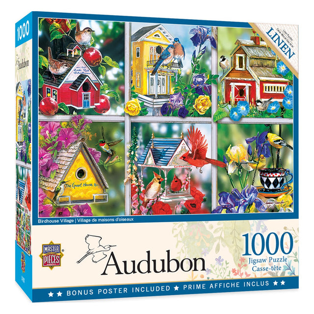 Audubon Birdhouse Village 1000 pc. Puzzle featuring colorful songbirds and birdhouses, printed on recycled material.