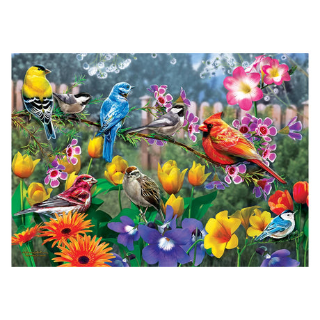 Audubon Morning Garden 1000 pc. Puzzle featuring a vibrant scene of various birds perched on flowering branches in an active garden.