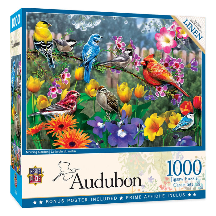 Audubon Morning Garden 1000 pc. Puzzle featuring birds on branches in a vibrant garden scene, made of recycled material.