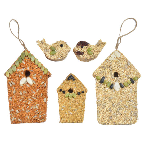 Home Tweet Home Set: Trio of handmade birdhouses made entirely of premium seeds, includes jute hangers for easy tree branch hanging.