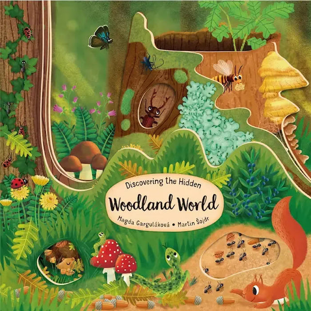 Discovering the Hidden Woodland World Board Book: Forest scene cover with whimsical illustrations of forest animals, insects, and plants, inviting interactive exploration and educational learning.