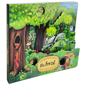 Exploring the Fascinating World of the Forest Board Book featuring cartoon forest imagery, interactive cut-outs, and educational captions for young children.