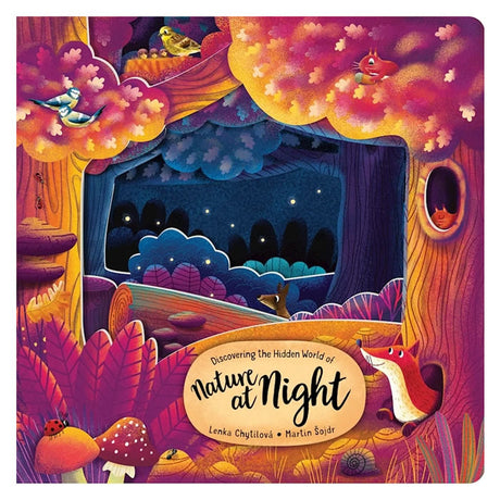 Cover of Discovering The Hidden World Of Nature At Night board book featuring a fox and birds in a whimsical forest scene.