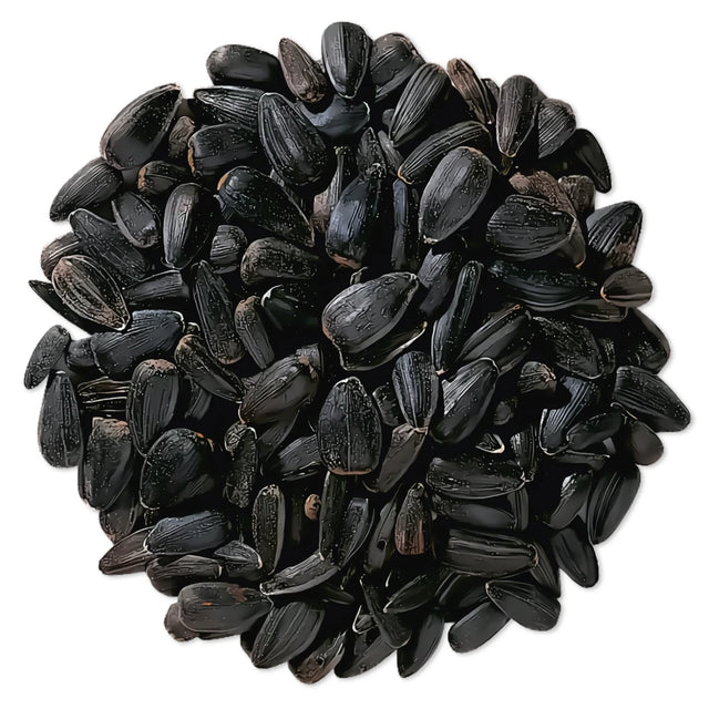 Duncraft Black Oil Sunflower Wild Bird Seed, 5-lb bag, featuring a pile of premium black seeds ideal for attracting various birds with easy feeding.