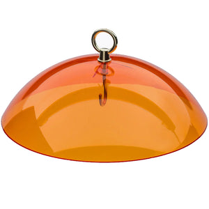 Orange Weather Guard with brass hook, featuring a 10.5-inch wide translucent acrylic dome, designed to protect bird food from rain and sun.