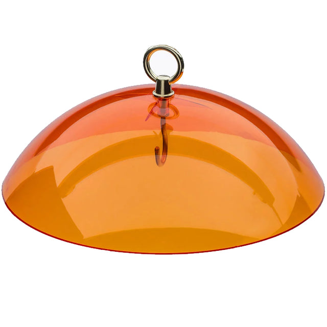 Orange Weather Guard with brass hook, featuring a 10.5-inch wide translucent acrylic dome, designed to protect bird food from rain and sun.