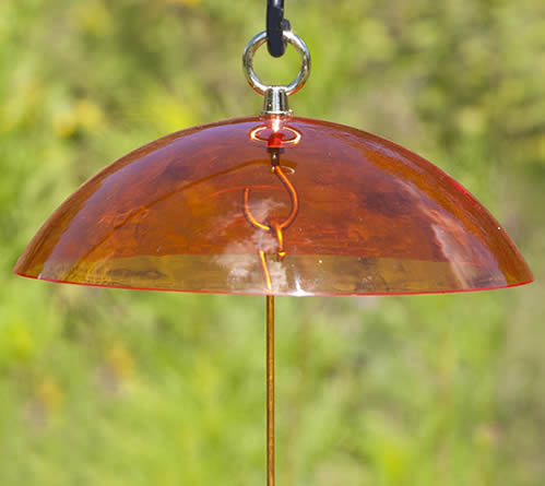 Close-up of the Orange Weather Guard, a translucent acrylic dome with brass hanging hardware, designed to protect bird feeders from rain and sun.