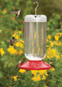 Dr. JB's Hummingbird Feeder 80oz, featuring a durable red plastic base, clear reservoir, and wraparound perch, with hummingbirds feeding from bee-resistant ports.