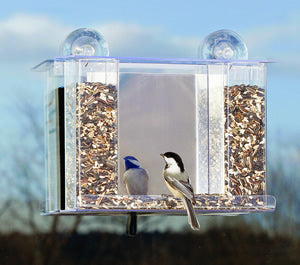 Super Songbird Window Bird Feeder with two birds perched, feeding. Features one-way mirror, heavy-duty suction cups, and holds 2 lbs. of seed.