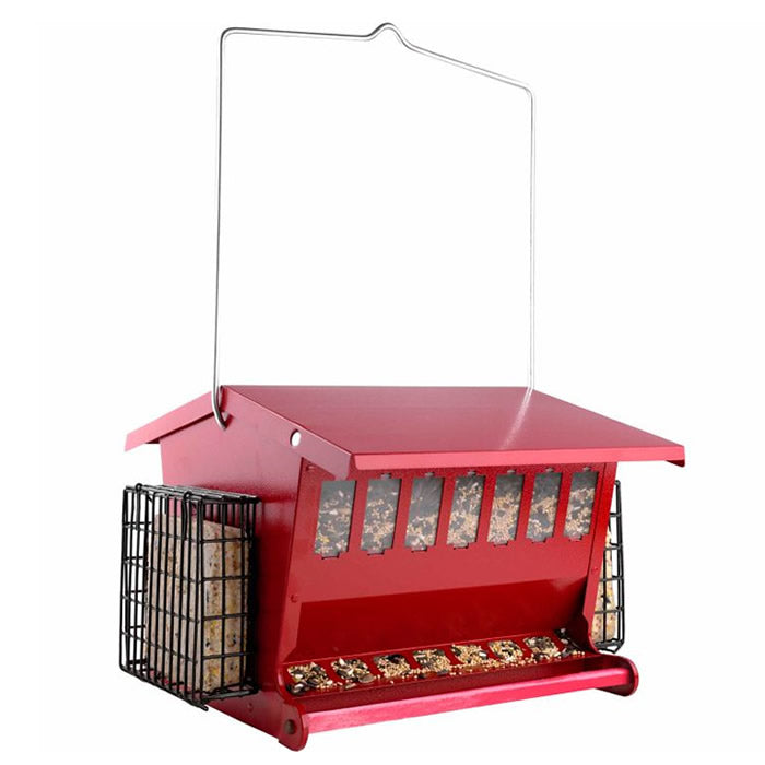 Seeds N More Feeder, Red, featuring a wire cage and red roof, with built-in suet baskets, clear plastic windows, and a secure top for easy filling.