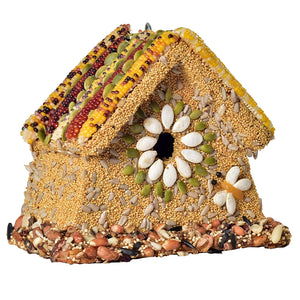 Flower Bird Seed Bird House encrusted with seeds, nuts, and multicolored corn, featuring a flower-shaped entrance. Transforms from feeder to durable nesting house.