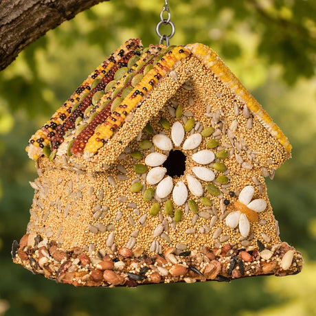 Flower Bird Seed Bird House, adorned with multicolored seeds, features a corn-tiled roof, floral seed patterns, and a peanut-ringed base, hanging from a tree branch.