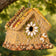 Flower Bird Seed Bird House, adorned with multicolored seeds, features a corn-tiled roof, floral seed patterns, and a peanut-ringed base, hanging from a tree branch.