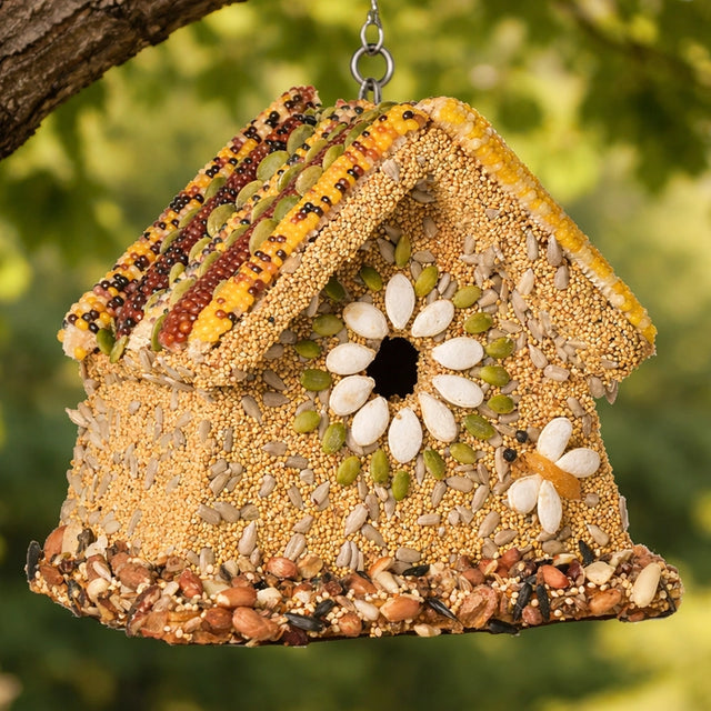 Flower Bird Seed Bird House, adorned with multicolored seeds, features a corn-tiled roof, floral seed patterns, and a peanut-ringed base, hanging from a tree branch.