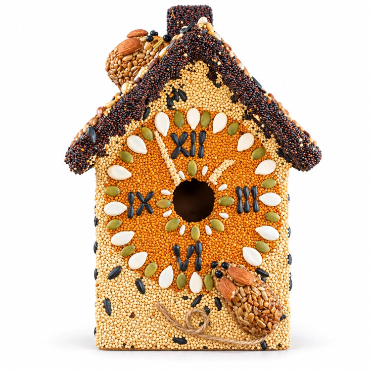 Front view of Hickory Dickory Clock edible birdhouse with pumpkin seed clock border and two mouse decorations.