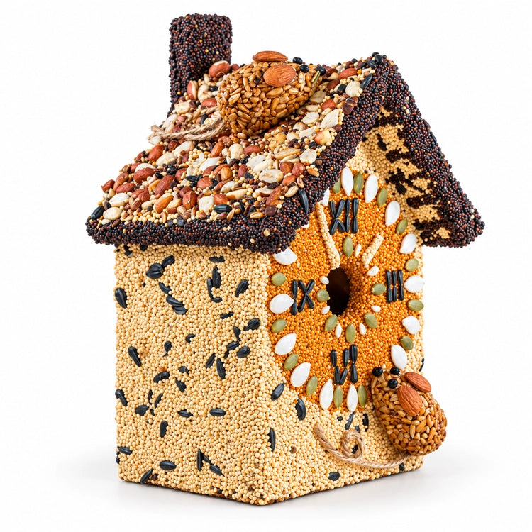 Angled view of Hickory Dickory Clock edible birdhouse showing its seed-covered left wall and mice on the roof and front.