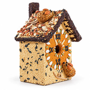 Angled view of Hickory Dickory Clock edible birdhouse showing its seed-covered left wall and mice on the roof and front.