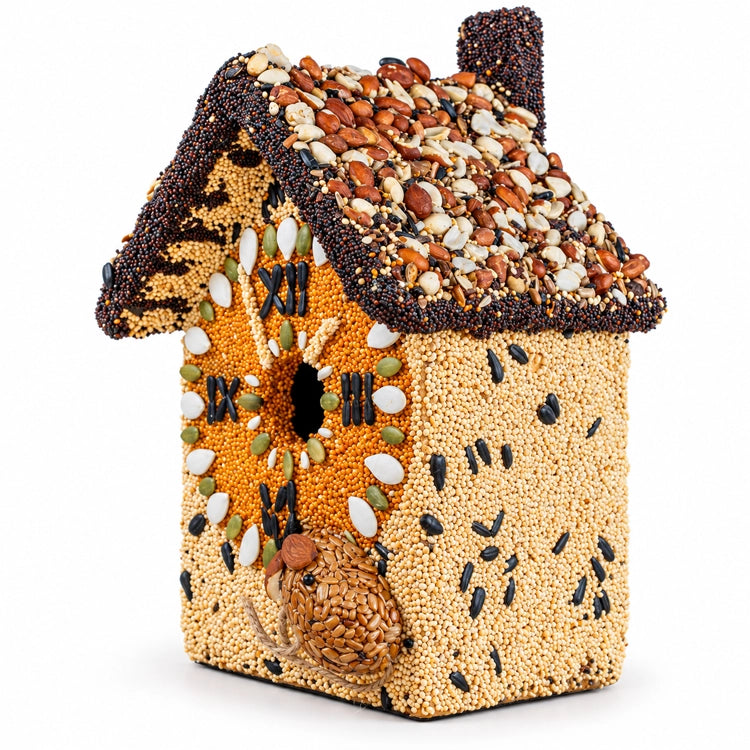 Angled view of Hickory Dickory Clock edible birdhouse showing its nut-covered roof, seed-covered right wall and front mouse.