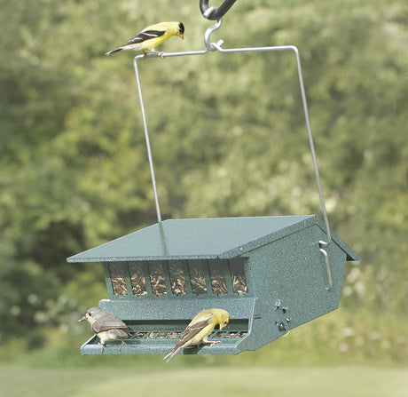 Squirrel Resistant Birder's Choice: an all-metal bird feeder with birds perched on it, featuring a weight-activated perch to prevent squirrels from accessing the seed.