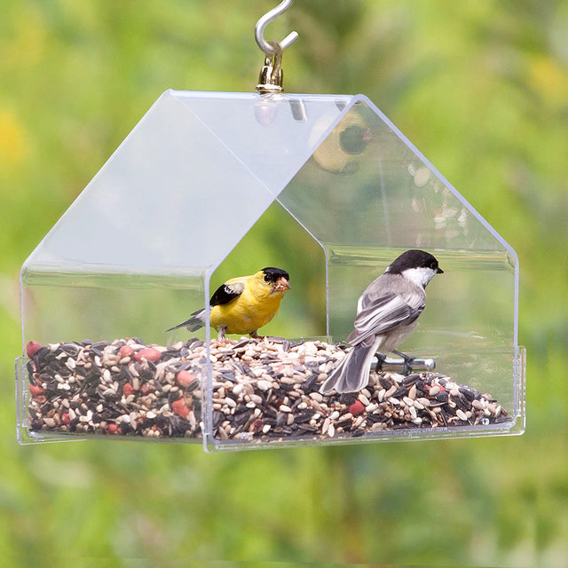 Duncraft Hanging Chalet bird feeder with a yellow bird perched inside, featuring clear plastic siding and two perches for easy bird viewing and feeding.