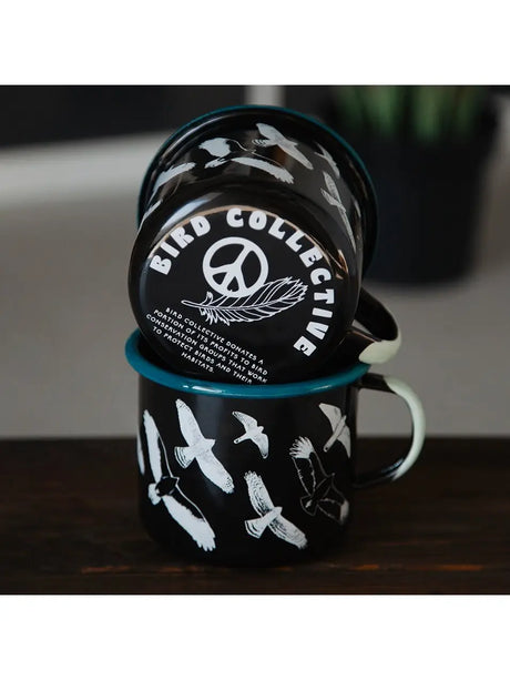 Hawks in Flight Large Enamelware Mug, featuring white raptors on a black background, stackable and handmade in Poland. Ideal for bird enthusiasts.