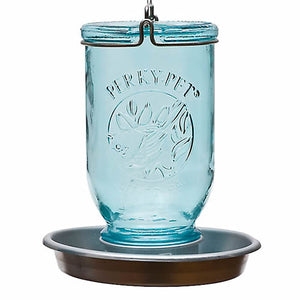 Blue glass Mason Jar Wild Bird Waterer on a saucer with embossed design, metal hanger, and openings at the base for bird water access. Holds 32 oz.