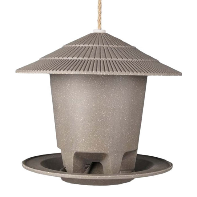 Earthy Deluxe Round Bird Feeder made from recycled straw or coffee husks, featuring a roof design and tray, hangs with twine, and holds 1.5 lbs of seed.