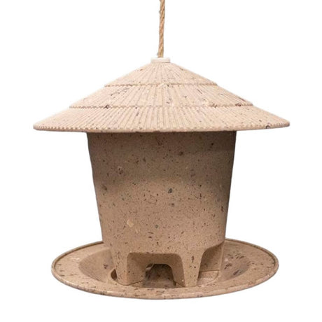 Earthy Deluxe Round Bird Feeder with roof, made from recycled straw or coffee husks, features a tray, openings for feeding, and a twine hanger.