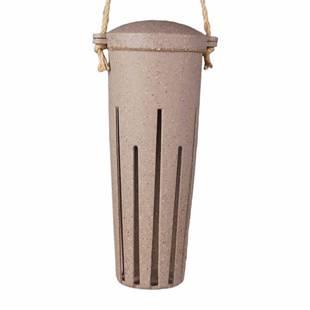 Nut Husks Peanut Feeder: A cylindrical, recycled plant-based container designed for holding shelled peanuts, with a twine hanger for easy outdoor use.