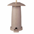 Earthy Seed Feeder with roof made from recycled nut husks or straw, cylindrical design, includes twine hanger, easy-fill top, suitable for year-round outdoor use.