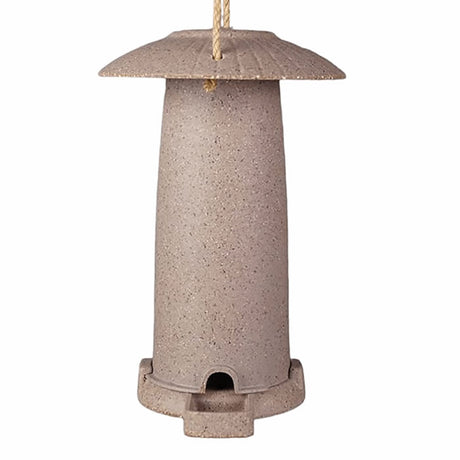 Earthy Seed Feeder with roof made from recycled nut husks or straw, cylindrical design, includes twine hanger, easy-fill top, suitable for year-round outdoor use.