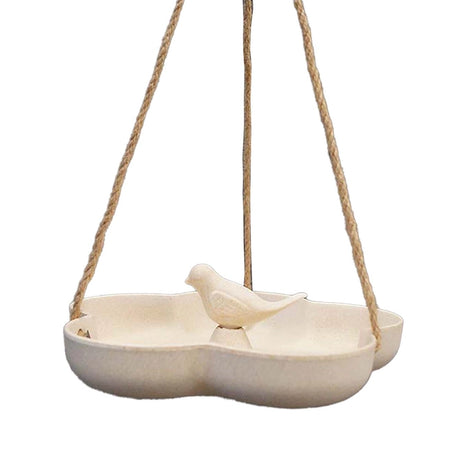 Natural Hanging Bird Bath, a white bird sculpture on a plate, crafted from eco-friendly materials, serves as both a feeder and bath for birds.