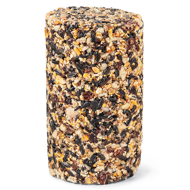 Woodpecker Seed Log, Regular: A close-up of a large cylindrical seed log packed with mixed nuts and seeds, ideal for woodpeckers, with a central hole for easy feeding.