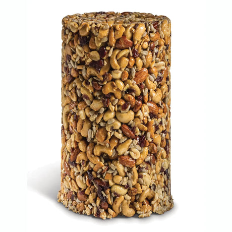 Nutsie Seed Log, Regular: A 6.5-inch tall cylinder packed with cashews, almonds, peanuts, sunflower seeds, and dried fruits, perfect for wild bird feeding.